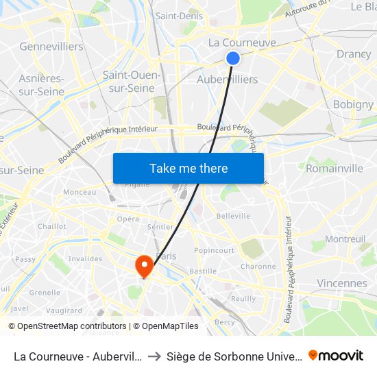 La Courneuve - Aubervilliers to Siège de Sorbonne Université map