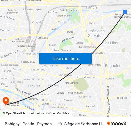Bobigny - Pantin - Raymond Queneau to Siège de Sorbonne Université map