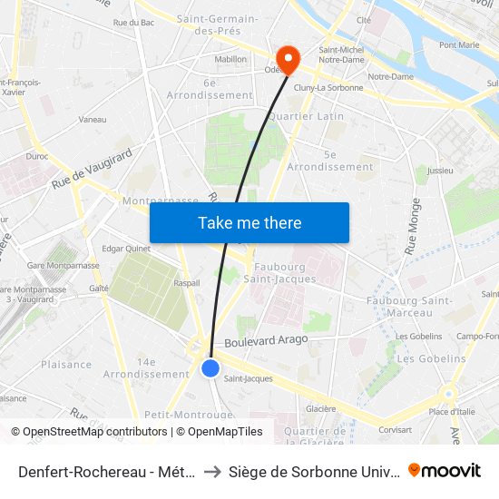 Denfert-Rochereau - Métro-Rer to Siège de Sorbonne Université map