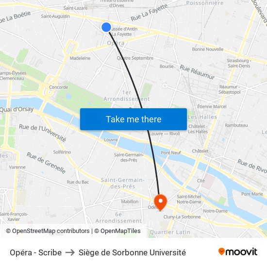 Opéra - Scribe to Siège de Sorbonne Université map