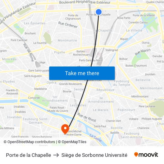 Porte de la Chapelle to Siège de Sorbonne Université map