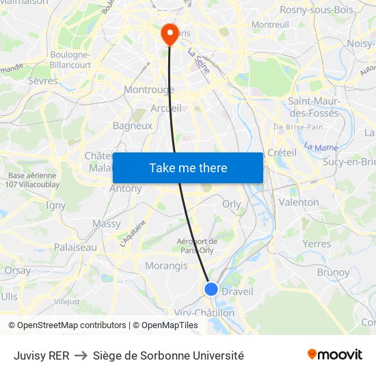 Juvisy RER to Siège de Sorbonne Université map