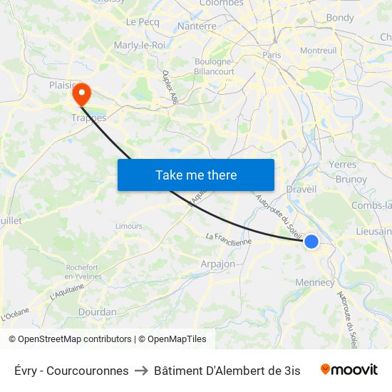 Évry - Courcouronnes to Bâtiment D'Alembert de 3is map