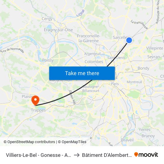 Villiers-Le-Bel - Gonesse - Arnouville to Bâtiment D'Alembert de 3is map
