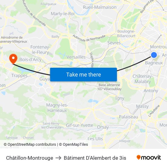 Châtillon-Montrouge to Bâtiment D'Alembert de 3is map