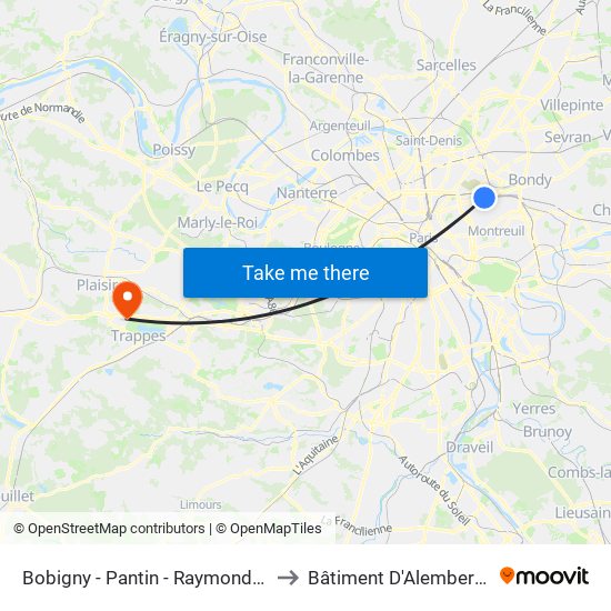 Bobigny - Pantin - Raymond Queneau to Bâtiment D'Alembert de 3is map
