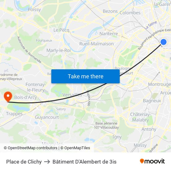 Place de Clichy to Bâtiment D'Alembert de 3is map