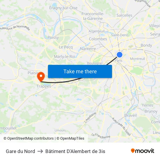 Gare du Nord to Bâtiment D'Alembert de 3is map