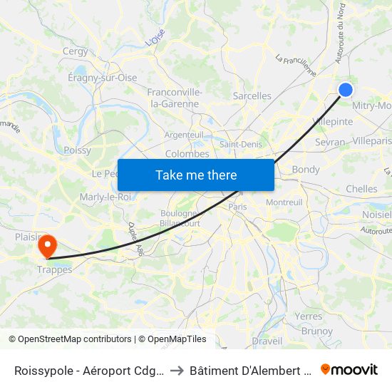 Roissypole - Aéroport Cdg1 (D3) to Bâtiment D'Alembert de 3is map
