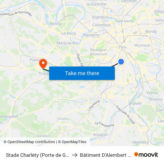 Stade Charléty (Porte de Gentilly) to Bâtiment D'Alembert de 3is map
