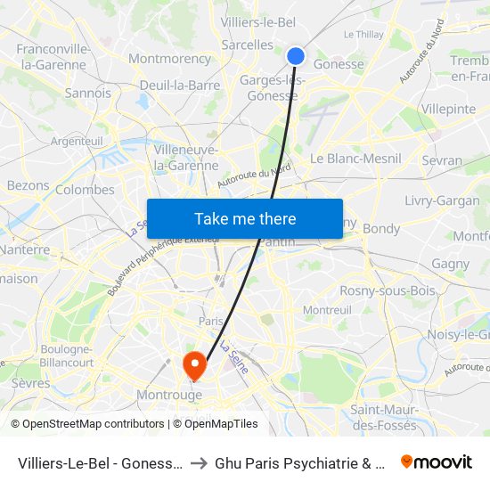 Villiers-Le-Bel - Gonesse - Arnouville to Ghu Paris Psychiatrie & Neurosciences map