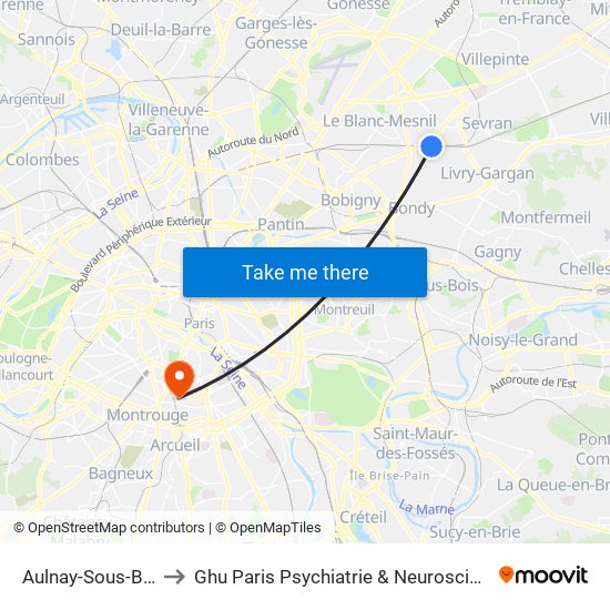 Aulnay-Sous-Bois to Ghu Paris Psychiatrie & Neurosciences map
