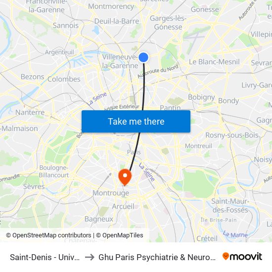Saint-Denis - Université to Ghu Paris Psychiatrie & Neurosciences map