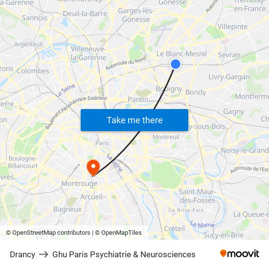 Drancy to Ghu Paris Psychiatrie & Neurosciences map