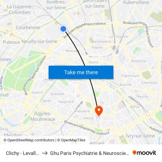 Clichy - Levallois to Ghu Paris Psychiatrie & Neurosciences map