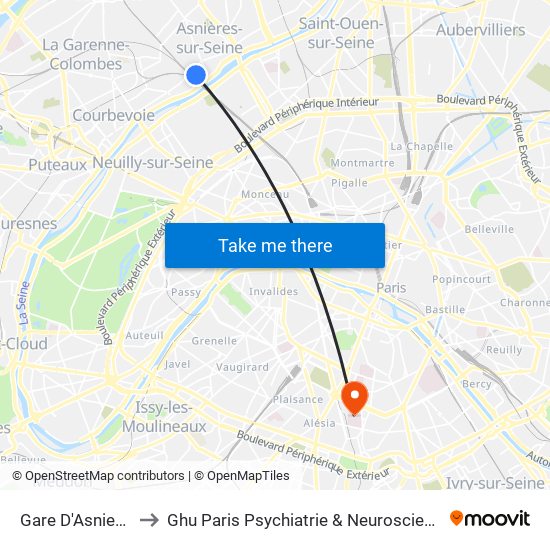 Gare D'Asnieres to Ghu Paris Psychiatrie & Neurosciences map