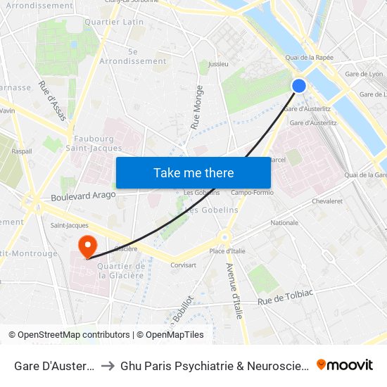 Gare D'Austerlitz to Ghu Paris Psychiatrie & Neurosciences map