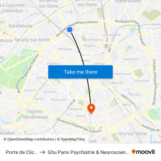 Porte de Clichy to Ghu Paris Psychiatrie & Neurosciences map
