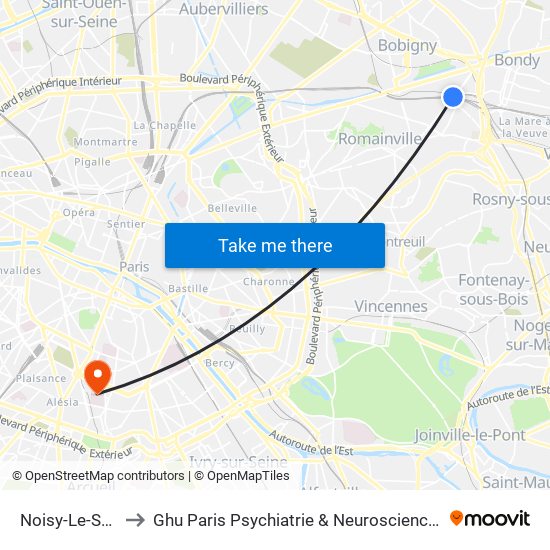 Noisy-Le-Sec to Ghu Paris Psychiatrie & Neurosciences map