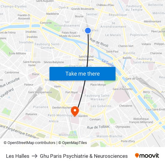 Les Halles to Ghu Paris Psychiatrie & Neurosciences map