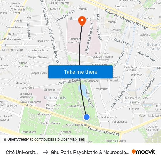 Cité Universitaire to Ghu Paris Psychiatrie & Neurosciences map