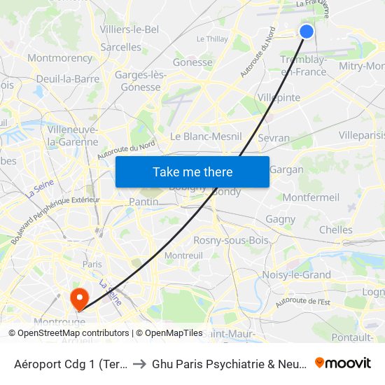 Aéroport Cdg 1 (Terminal 3) to Ghu Paris Psychiatrie & Neurosciences map