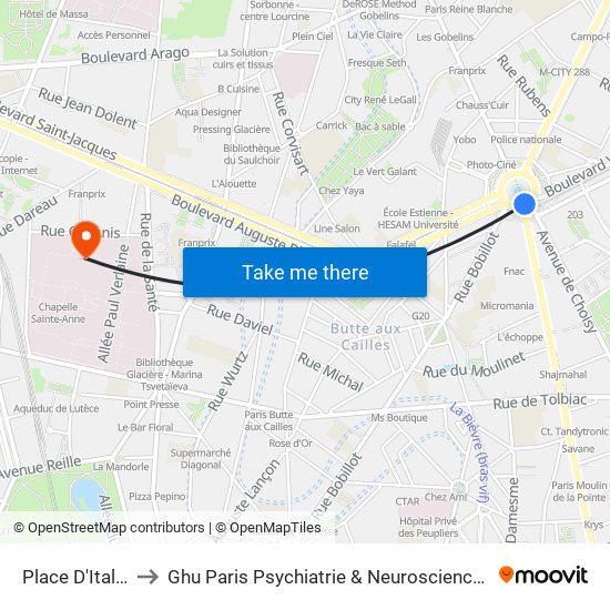 Place D'Italie to Ghu Paris Psychiatrie & Neurosciences map