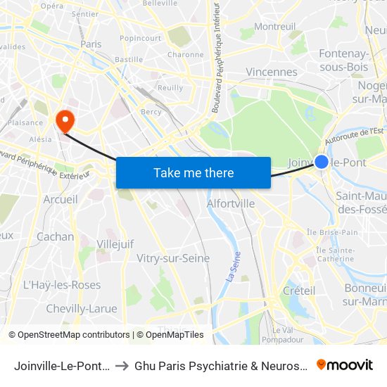 Joinville-Le-Pont RER to Ghu Paris Psychiatrie & Neurosciences map