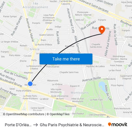 Porte D'Orléans to Ghu Paris Psychiatrie & Neurosciences map