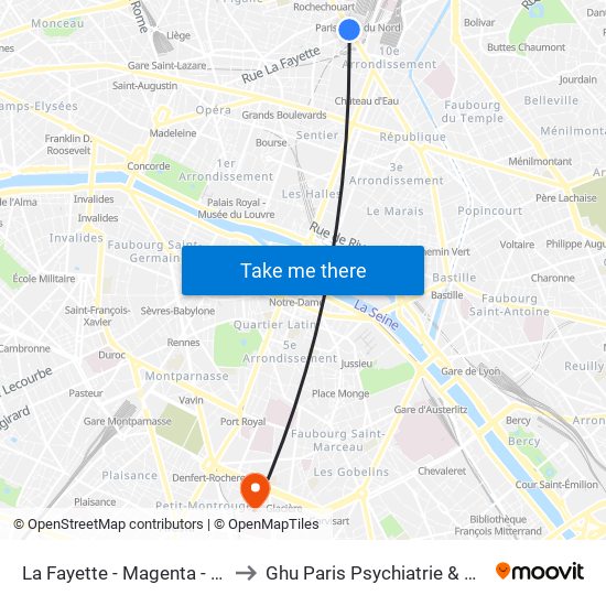 La Fayette - Magenta - Gare du Nord to Ghu Paris Psychiatrie & Neurosciences map