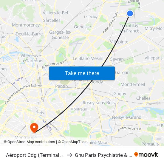 Aéroport Cdg (Terminal 3 – Roissypôle) to Ghu Paris Psychiatrie & Neurosciences map