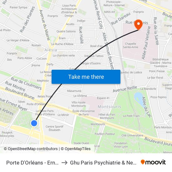 Porte D'Orléans - Ernest Reyer to Ghu Paris Psychiatrie & Neurosciences map