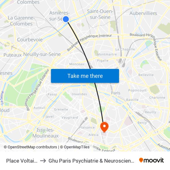 Place Voltaire to Ghu Paris Psychiatrie & Neurosciences map