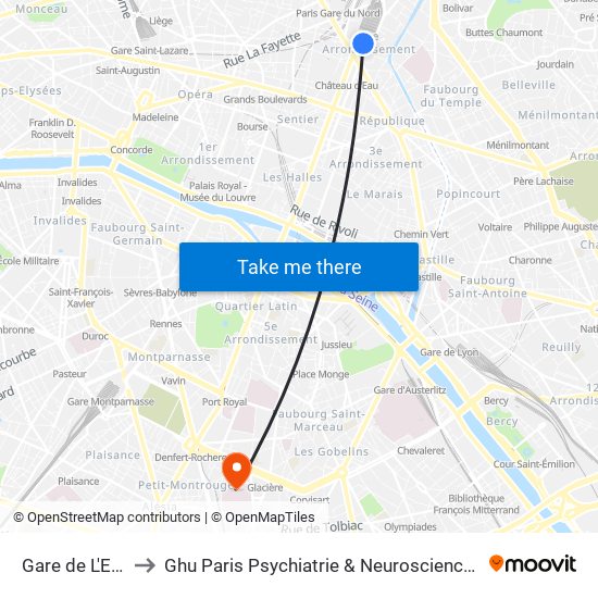 Gare de L'Est to Ghu Paris Psychiatrie & Neurosciences map
