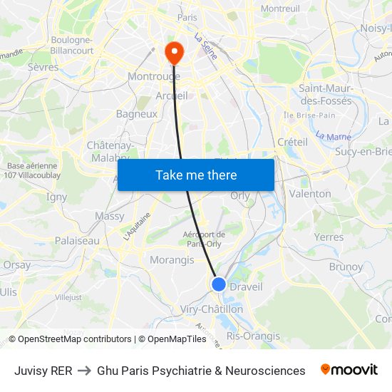 Juvisy RER to Ghu Paris Psychiatrie & Neurosciences map