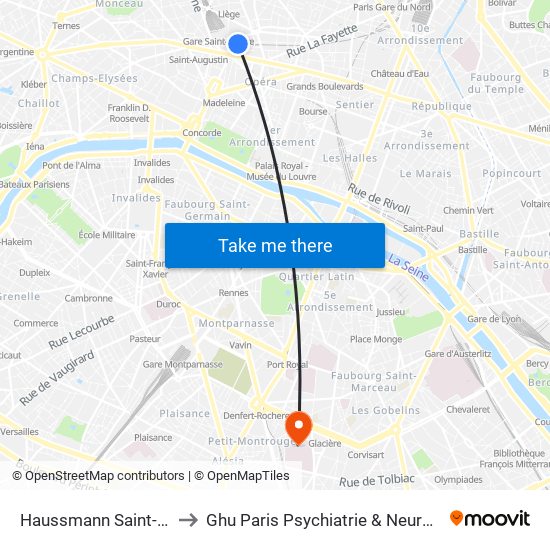 Haussmann Saint-Lazare to Ghu Paris Psychiatrie & Neurosciences map