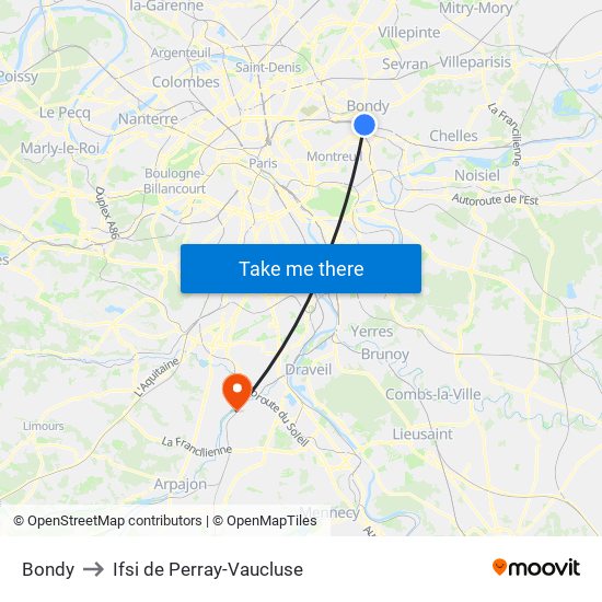 Bondy to Ifsi de Perray-Vaucluse map