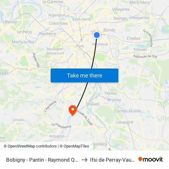 Bobigny - Pantin - Raymond Queneau to Ifsi de Perray-Vaucluse map
