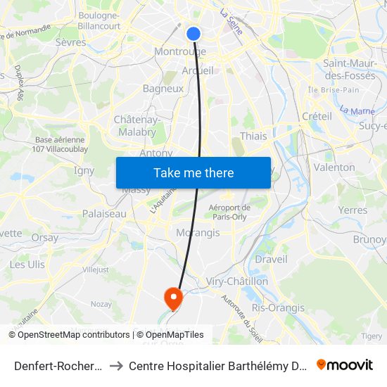 Denfert-Rochereau to Centre Hospitalier Barthélémy Durand map