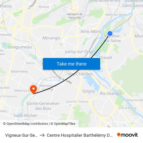 Vigneux-Sur-Seine to Centre Hospitalier Barthélémy Durand map