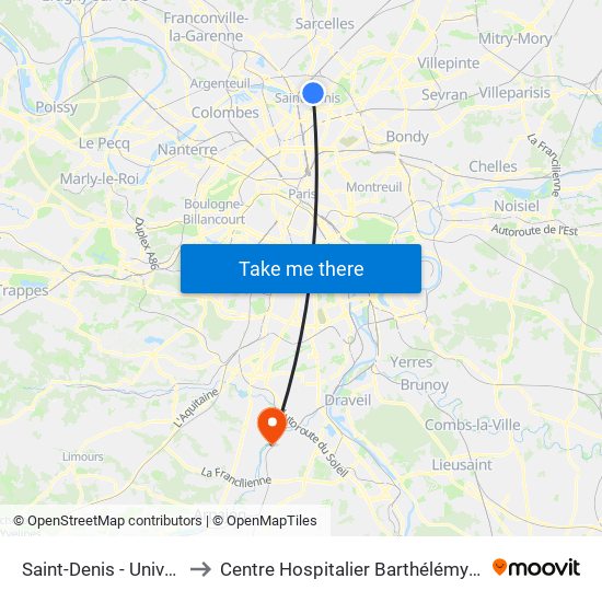 Saint-Denis - Université to Centre Hospitalier Barthélémy Durand map