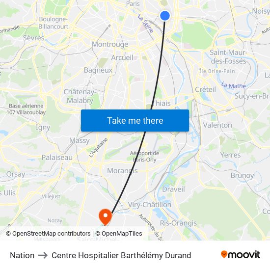 Nation to Centre Hospitalier Barthélémy Durand map