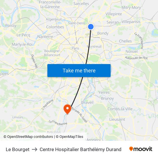 Le Bourget to Centre Hospitalier Barthélémy Durand map