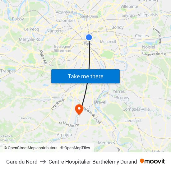 Gare du Nord to Centre Hospitalier Barthélémy Durand map