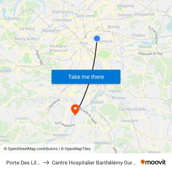 Porte Des Lilas to Centre Hospitalier Barthélémy Durand map