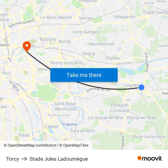 Torcy to Stade Jules Ladoumègue map