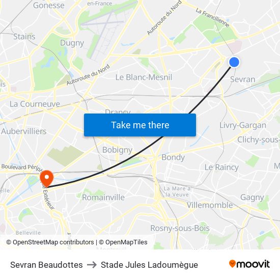 Sevran Beaudottes to Stade Jules Ladoumègue map