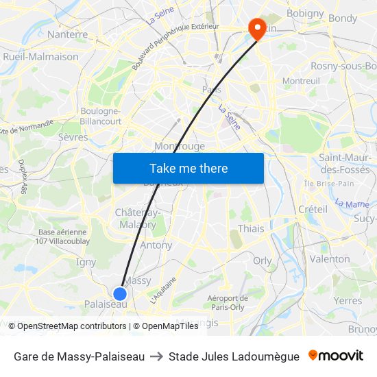 Gare de Massy-Palaiseau to Stade Jules Ladoumègue map