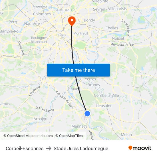 Corbeil-Essonnes to Stade Jules Ladoumègue map