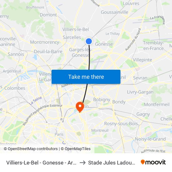 Villiers-Le-Bel - Gonesse - Arnouville to Stade Jules Ladoumègue map